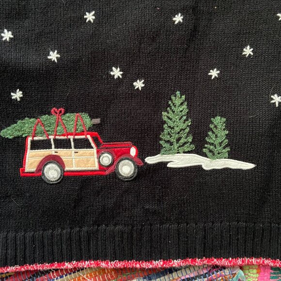 Coldwater Creek Women's Zip Up XL Christmas Sweater, Skiing, Trees, Woody Wagon, - Picture 11 of 11